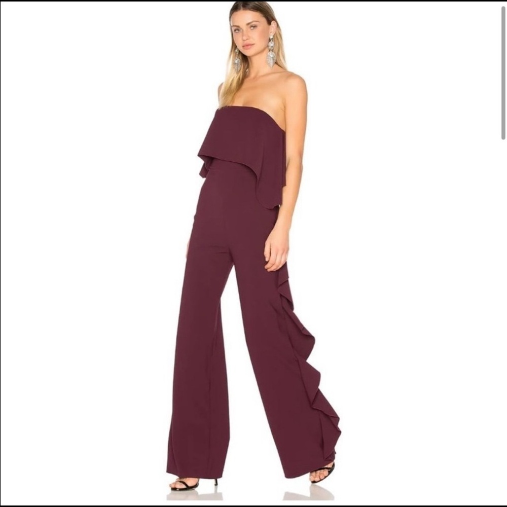 ALEXIS S Kendall Ruffle Wide Leg Jumpsuit Strapless Full Length in Plum/burgundy